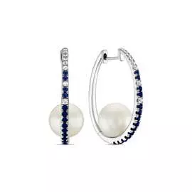 Золотые серьги c жемчугом, цветными сапфирами и сапфирами