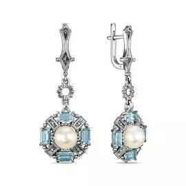 Золотые серьги c топазом, бриллиантами и жемчугом