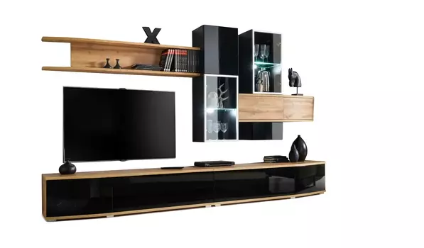 Стенка Манхэттэн Дуб, черный глянец