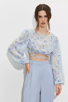 Блузка из шифона с принтом укороченная с завязками