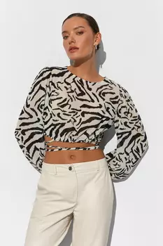 Блузка из шифона укороченная с завязками принт зебра