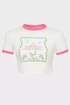 Футболка укороченная с принтом и розовой отделкой