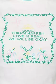 Футболка укороченная с принтом и зеленой отделкой