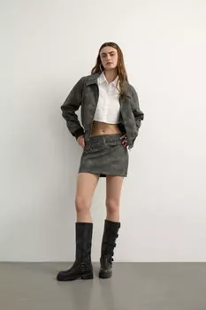 Юбка мини из экокожи с двойным поясом