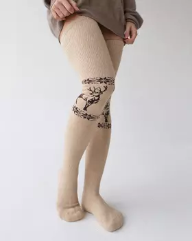 Теплые чулки из монгольской шерсти бежевые с рисунком