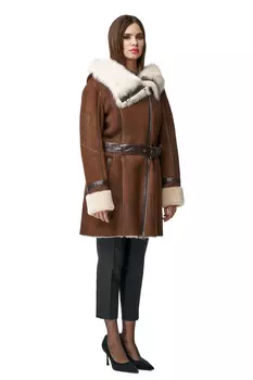 Дубленка женская из натуральной овчины с капюшоном, отделка тоскана