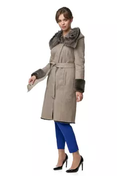 Дубленка женская из натуральной овчины с капюшоном, отделка тоскана