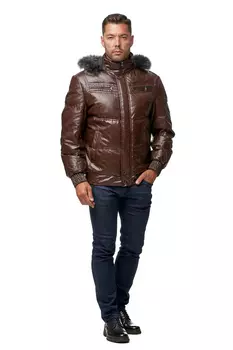 Мужская кожаная куртка из эко-кожи с капюшоном, отделка песец
