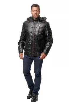 Мужская кожаная куртка из эко-кожи с капюшоном, отделка песец