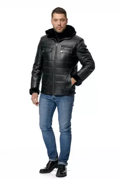 Мужская кожаная куртка из натуральной кожи на меху с капюшоном