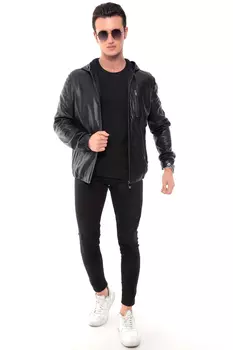 Мужская кожаная куртка из натуральной кожи с капюшоном