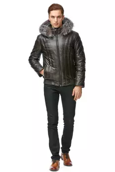 Пуховик мужской из натуральной кожи с капюшоном, отделка блюфрост