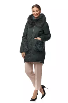 Пуховик женский из текстиля с капюшоном, отделка енот