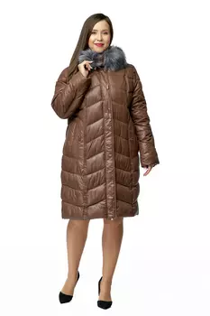 Пуховик женский из текстиля с капюшоном, отделка искусственный мех