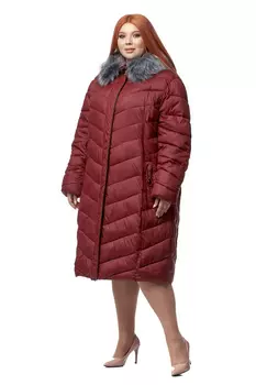 Пуховик женский из текстиля с капюшоном, отделка искусственный мех