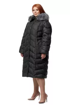 Пуховик женский из текстиля с капюшоном, отделка искусственный мех