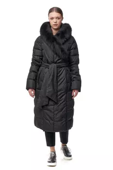 Пуховик женский из текстиля с воротником, отделка песец