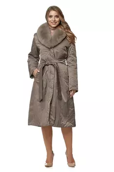 Пуховик женский из текстиля с воротником, отделка песец