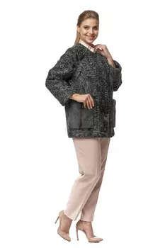 Шуба из каракуля без воротника, отделка норка