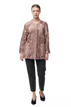 Шуба из каракуля без воротника, отделка норка