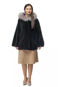Шуба из мутона с капюшоном, отделка блюфрост