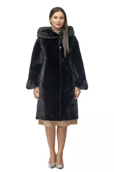 Шуба из мутона с капюшоном, отделка норка