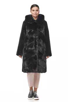 Шуба из мутона с капюшоном, отделка норка