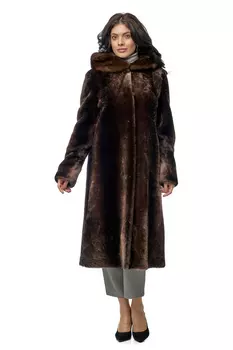 Шуба из мутона с капюшоном, отделка норка