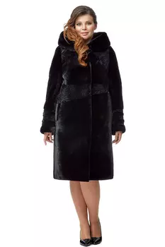 Шуба из мутона с капюшоном, отделка норка