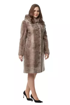 Шуба из мутона с капюшоном, отделка норка