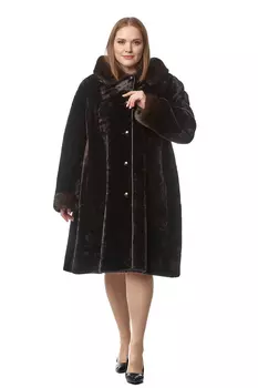 Шуба из мутона с капюшоном, отделка норка