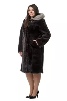Шуба из мутона с капюшоном, отделка норка