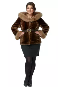 Шуба из мутона с капюшоном, отделка песец