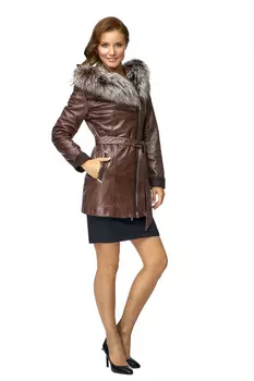 Женская кожаная куртка из натуральной кожи с капюшоном, отделка чернобурка