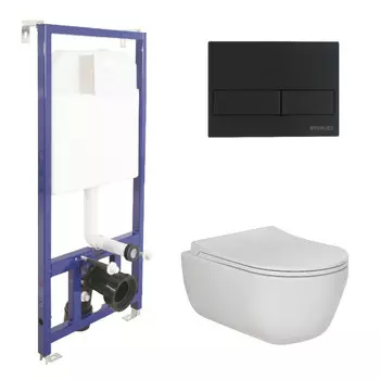 Комплект Berges Novum 047215 инсталляция Novum525 + кнопка L5 SoftTouch черная + подвесной унитаз EGO Rimless + сидение дюропласт Toma Slim SO
