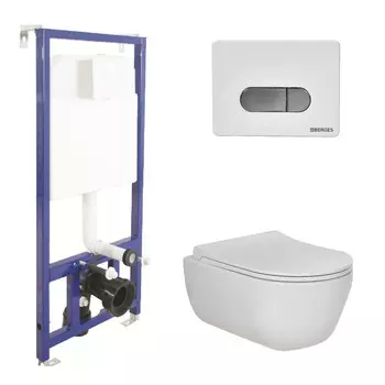 Комплект Berges Novum 047237 инсталляция Novum525 + кнопка D7 белая/кнопка хром + подвесной унитаз EGO Rimless + сидение дюропласт Toma Slim SO
