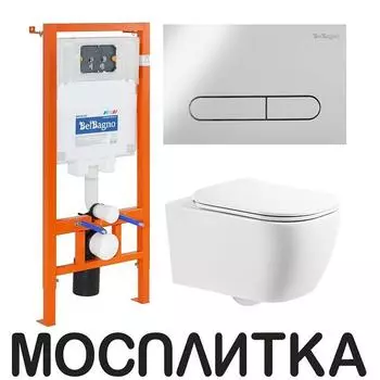 Комплект подвесной безободковый унитаз BelBagno Genova BB1102CH с сиденьем микролифт BB1102SC + система инсталляции BelBagno BB002-80 с кнопкой смыва BB005-PR-CH