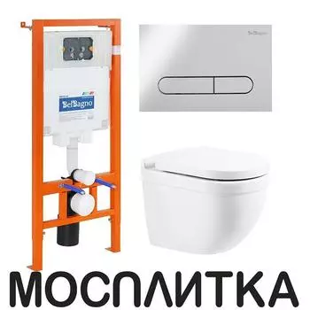 Комплект подвесной безободковый унитаз BelBagno Senso-R BB017CHR с сиденьем микролифт BB865SC + система инсталляции BelBagno BB002-80 с кнопкой смыва BB005-PR-CH