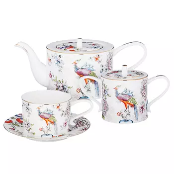 MILLIMI Райская птица Набор чайный 14 пр., чашка 270мл, чайник 1150мл, сахарница 450мл, кост. фрф