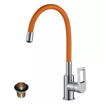 Смеситель Rossinka Z35-35U-Orange для кухонной мойки с гибким цветным изливом, хром/оранжевый