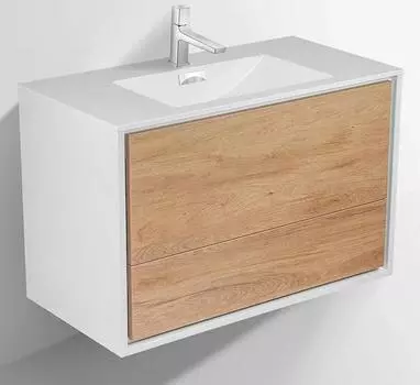 Тумба с раковиной Vincea Alessia 90 см подвесная, ящики с механизмами Push open, Y.Oak + L.White, VMC-1S900YW