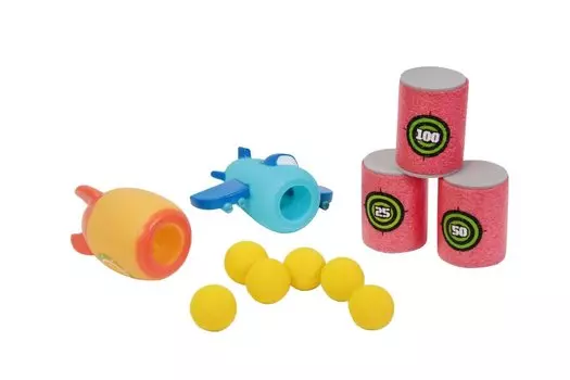 Набор стреляющих пушек с шариками и мишенью: самолет и ракета.