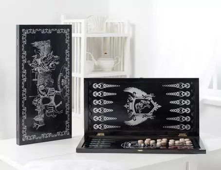 Нарды большие черные, рисунок серебро "Рыцари"