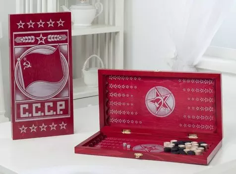 Нарды малые малиновые, рисунок серебро "СССР"