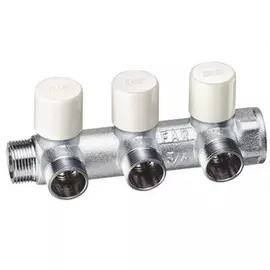 Хромированный балансировочный проходной коллектор Far (ВР-НР) MULTIFAR с отводами М24х19 с возможностью полного перекрытия потока FK 3878 C103, 3 отвода 1"