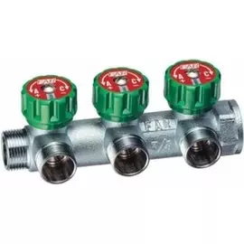 Хромированный регулирующий проходной коллектор Far (ВР-НР) с 3 отводами (ТР) артикул FK 3822 134 (отводы 3/4", коллектор 1")