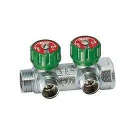 Хромированный регулирующий проходной коллектор Far (ВР-НР) с 2 отводами (ТР) артикул FK 3821 134 (отводы 3/4", коллектор 1")