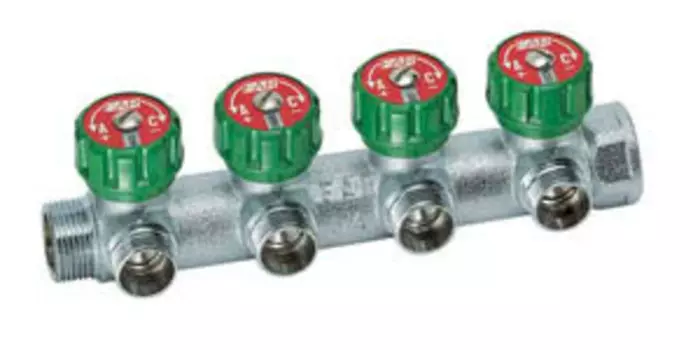 Хромированный регулирующий проходной коллектор Far (ВР-НР) с 4 отводами (ТР) артикул FK 3824 134 (отводы 3/4", коллектор 1")