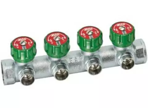 Хромированный регулирующий проходной коллектор Far (ВР-ВР) с 4 отводами (ТР) артикул FK 3823 3412 (отводы 1/2", коллектор 3/4")