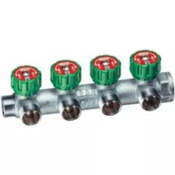 Хромированный регулирующий проходной коллектор (ВР-НР) с 4 отводами (МР) 1" FAR, артикул FK 3856 C1